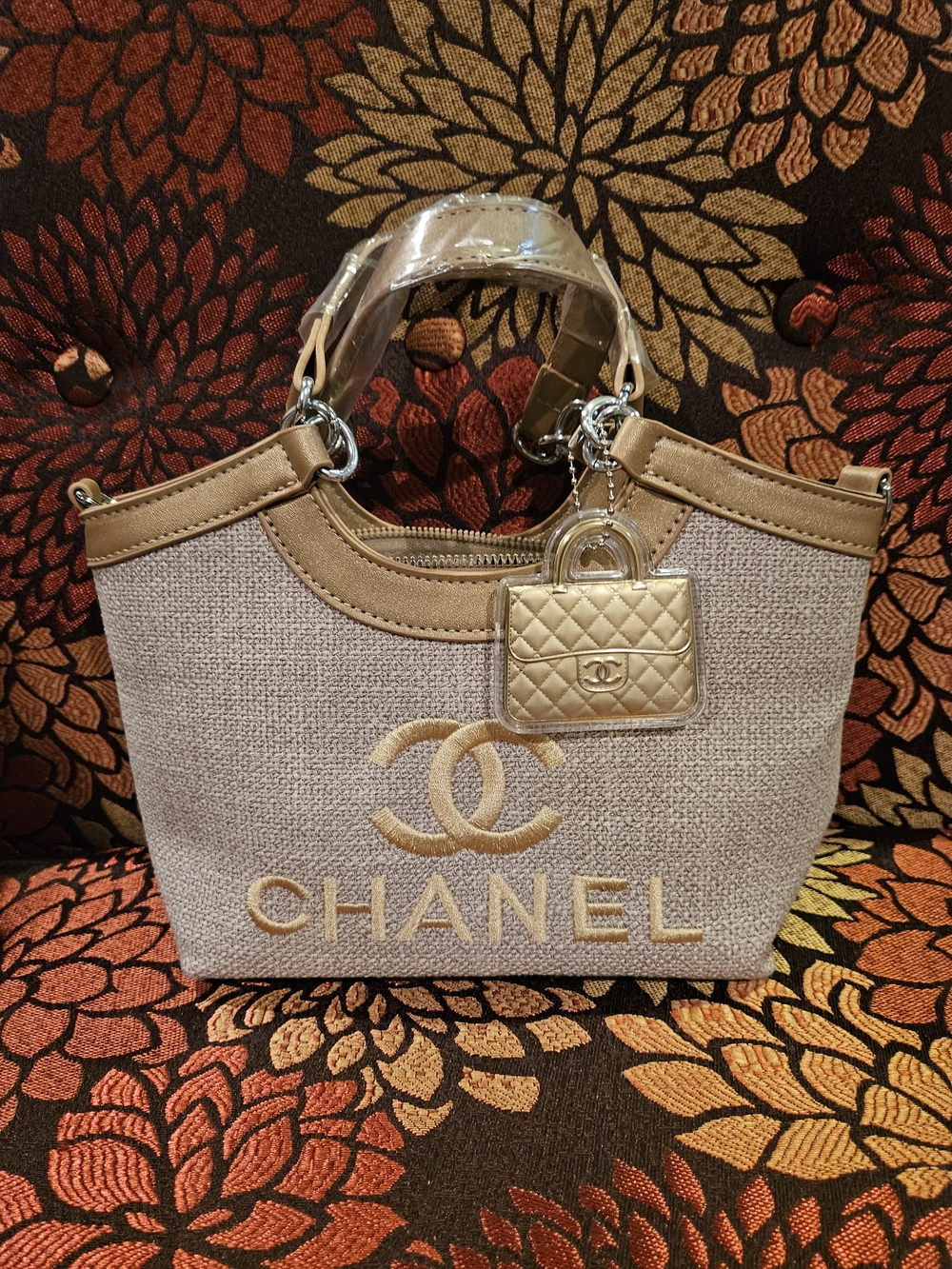 Beige Woven Tote with Gold Charm 1 Left